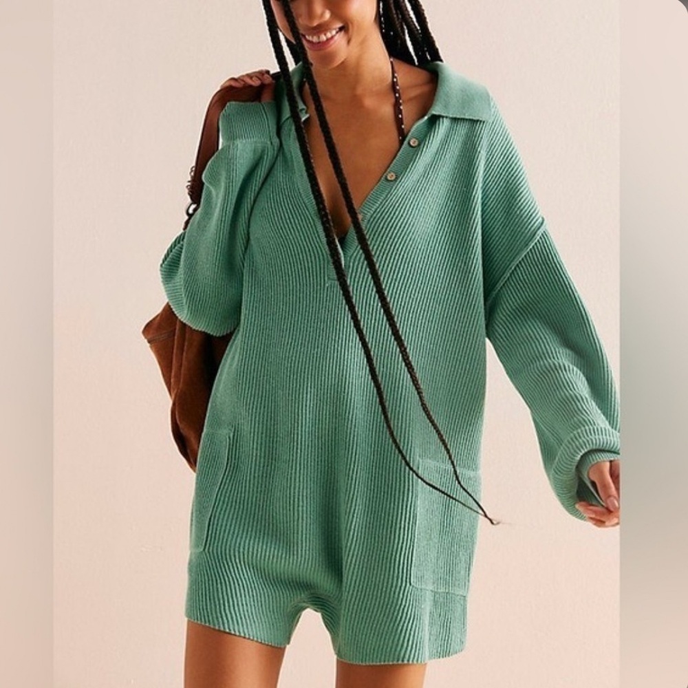 Free People Picnic Romper Green Ribbed Knit Collared Linen Cotton Playsuit Large